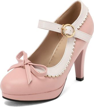 Generic Womens Colorblock Cute Bow Round Toe Mary Jane Court Shoes Ankle Starp Buckle Chunky Heel Pumps for Party (5.5,Pink)