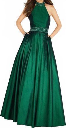 Alyce Paris Stretch Taffeta Embellished Collared Halter Gown In Emerald