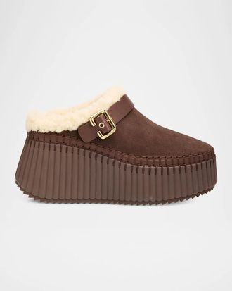 Chlo&eacute; Nama Suede Shearling-Lined Platform Clogs
