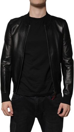 Dolce & Gabbana Black Lambskin Full Zip Biker Blouson Mens Jacket