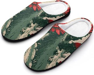 Generic Cactus Red Flowers Slippers Men Winter Warm Cotton Anti-Slip Indoor Slip-Ons House Shoes
