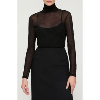 Lafayette 148 New York Sheer Embellished Turtleneck Sweater in Black at Nordstrom, Size X-Large