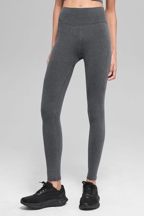 Alo | Seamless High-Waist Two Tone Rib Legging in Dark Misty Grey Heather, Size: Medium