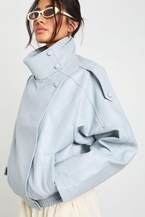 Boohoo Womens Faux Leather Funnel Neck Jacket - Blue - Size Large