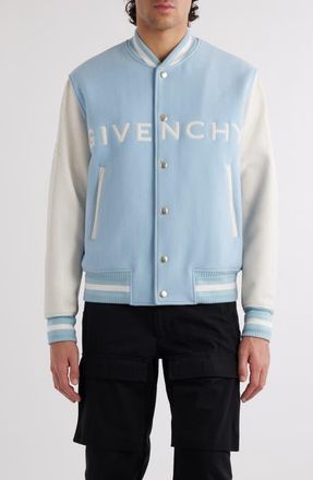 Givenchy Embroidered Logo Mixed Media Leather & Wool Blend Varsity Jacket in White/Sky Blue at Nordstrom, Size 36 Us