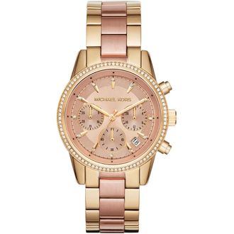 Michael Kors Womens MK6475 Ritz Two-Tone 37mm Ladies Chronograph Watch - White & Rose Gold Stainless Steel - One Size