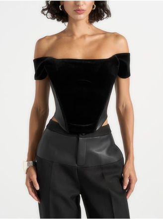 Mani&egrave;re De Voir Fae Velvet & Leather Bardot Corset Top in Black at Nordstrom, Size 14