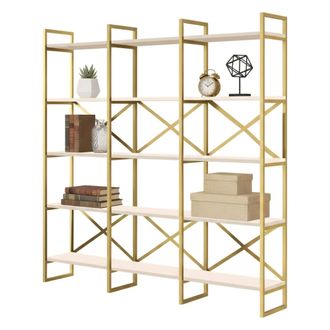Dmora Dmora - Estante Para Libros Sagit, Estante De Oficina, Porta Libros M&oacute;vil, Biblioteca, 170x30h175 Cm, Blanco Y Oro, Con Embalaje Reforzado