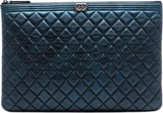 Chanel Pre-owned Quilted Metallic Lambskin Clutch - Dames - Vintage Clutch - Blauw - ONE Size - Leer - Vintage