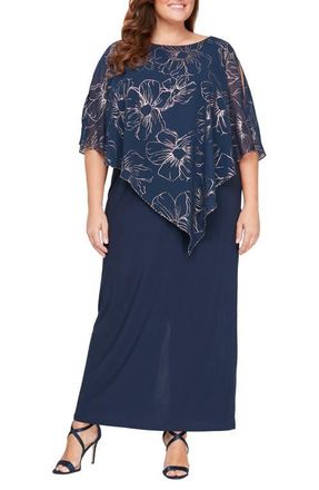 S.L. Fashions Metallic Chiffon Overlay Gown in Navy/Rose Gold at Nordstrom, Size 14W