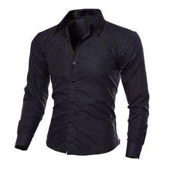 Generic Mens Thick Long Sleeve Stretch Wrinkle Long Sleeve Slim Fit Button Down Shirts for Wedding Bodysuit Shirt (Black, L)