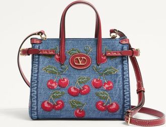Valentino Garavani Valentino Garavani Antibes Small Denim Shopping Bag With Cherryfic Embroidery Wo