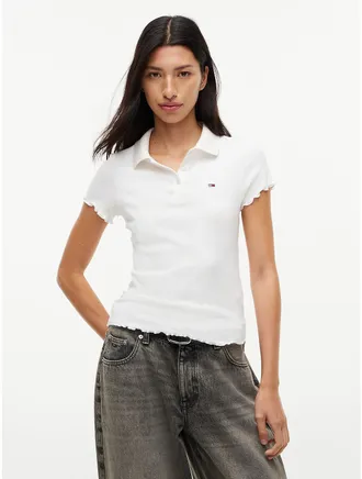 Tommy Hilfiger Womens Tommy Jeans Short-Sleeve Lettuce-Trim Polo - Ecru - L