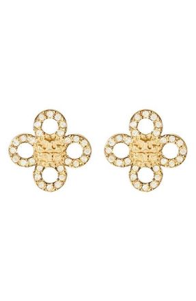 Tory Burch Small Kira Pav&eacute; Clover Stud Earrings in Tory Gold /Crystal at Nordstrom