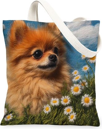 Generic Spring Pomeranian Dog Canvas Tote Bag for Shopping 13x15, Knitting Style Garden Puppy Reusable Grocery Print Pattern Bag for Women, Fun Pet Beach Aest