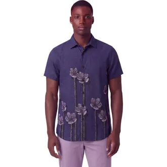 Lords of Harlech Crafty Floral Short Sleeve Fine Linen Shirt in Crafty Floral Navy at Nordstrom, Size Xx-Large
