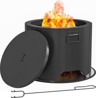 OUTSUNNY Outdoor Round Fire Pit With Lid - Firepit With Fire Poker - Black | TJ Hughes