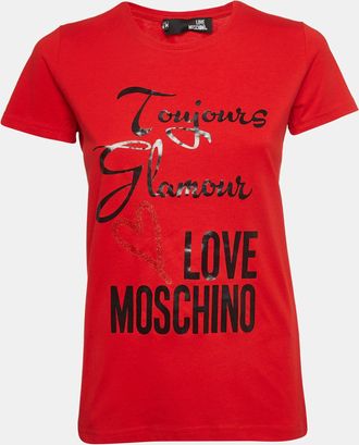 Love Moschino Red Printed Cotton Knit Crew Neck T-Shirt