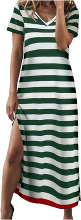Generic Summer Dress for Women Casual Fashion Stripe Short Sleeve V-Neck T Shirt Long Color Block Side Slit Loose Beach Activewear Maxi Dresses (02-Green, XXL