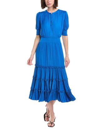 T Tahari Elbow Sleeve Split Neck Tiered Midi Dress