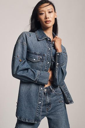 Avec Les Filles Oversized Bejeweled Denim Buttondown Shirt