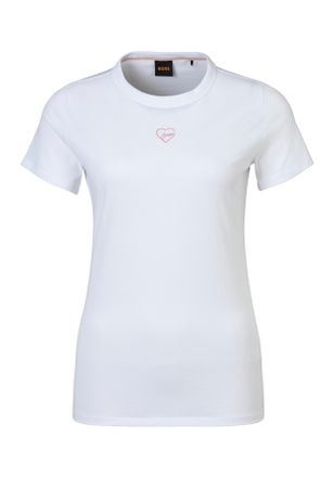 Boss Orange by Hugo Boss T-Shirt BOSS ORANGE Elogo Premium Damenmode, Damen, Gr. XS (34), weiss (wei&szlig; 100), Single Jersey, Obermaterial: 100% Baumwolle, unifarben, Basic, Rund