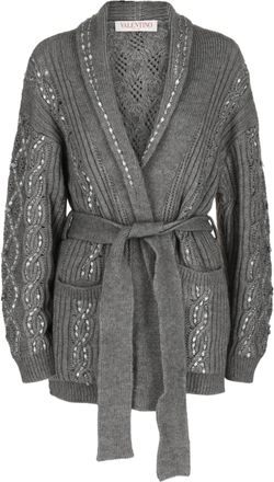 Valentino Embellished Cable-Knit Belted Cardigan Sweater