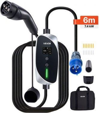 OEM Cargador Para Veh&iacute;culo El&eacute;ctrico Tipo 2 Monof&aacute;sico 7,4 Kw 32 A, Cargador De Pared Ev Con Cable De 6 M, Punto De Carga Con Enchufe Cee32, Pantalla Lcd,