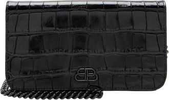 Balenciaga Black Croc-Embossed Leather Bb Phone Holder On Chain (Authentic Pre-Loved)