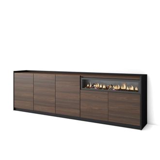 Skraut Home Aparador efecto madera roble oscuro negro 263cm chimenea efecto fuego