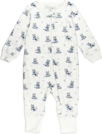 LOvedbaby Hippo Print Organic Cotton Zip Romper at Nordstrom, Size 18-24M