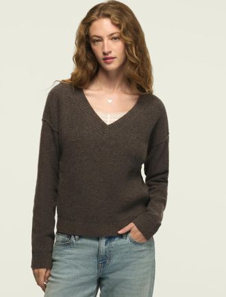 Lucky Brand Womens Waffle Slouchy Vneck Sweater