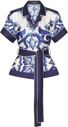 Dolce & Gabbana Majolica-Print Belted Silk Shirt