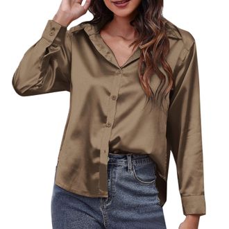 Generic Satin Shirt Womens Satin Imitation Silk Long Sleeved Shirt New European and Foreign Trade Border Clothing Apparel Khaki