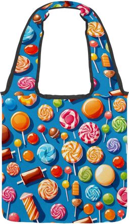 Generic Blue Candy Pattern Reversible Canvas Shoulder Tote - Double-Sided Print, 12oz Cotton, 27cm Drop, Fold-Flat Bag for Travel, Shopping, Street Outings