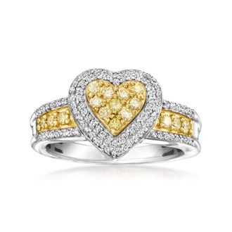 Ross-Simons White and Yellow Diamond Heart Ring in Sterling Silver and 18kt Gold Over Sterling