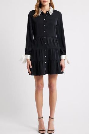 CeCe by Cynthia Steffe Beaded Collar Bow Long Sleeve Shirtdress in Rich Black at Nordstrom Rack, Size 12
