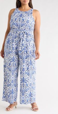Sugarlips Romina Tropical Jora Sleeveless Jumpsuit in White Blue-Multi at Nordstrom, Size 2X