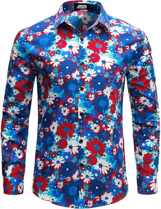 JOGAL Mens Regular fit Floral Dress Shirt Long Sleeve Printed Casual Button Down Shirts Blue Red 3X-Large