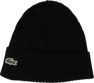 Lacoste Crocodile Patch Wollen Beanie Muts - Heren - Hoeden - Zwart - ONE Size - Wol - Accessoires