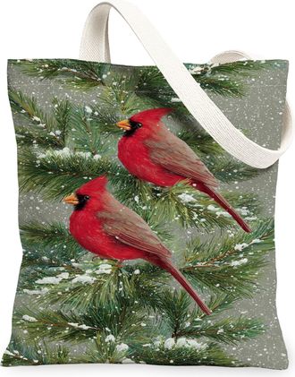 Generic Winter Cardinal Canvas Tote Bags, Red Bird Pattern Reusable Grocery Bags, Vintage Rustic Lightweight Washable Shoulder Stra, Red, 13x15 Inch