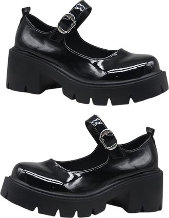 Supvox Women Chunky Heels Classic Strap Shoes Pu Platform Block Heel Lady Shoes Buckle Strap Spring Autumn Round Toe Fashionable Footwear Size 38 Black