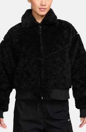 Nike Essential Faux Fur Bomber Jacket in Black/Sail at Nordstrom Rack, Size X-Large