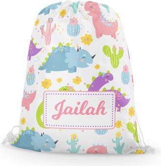 Fandango Personalised Premium Drawstring Bag Colourful Girl Dinosaur PE Gym Kit School P.E Kids Sport Rucksack
