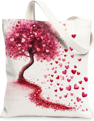 Generic Heart Tree Canvas Tote Bag, Romantic Floral Design Reusable Grocery Bags, Spring Lightweight Washable Shoulder Strap Canvas Bags for Gym Outdoor Trave