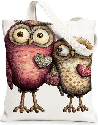 Generic Cute Owl Canvas Tote Bags, Adorable Bird Pattern Reusable Grocery Bags, Spring Floral Lightweight Washable Shoulder Strap C, White, 13x15 Inch