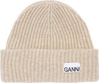 Ganni Accessories, female, Beige, ONE SIZE, Oversized Wool Rib Beanie