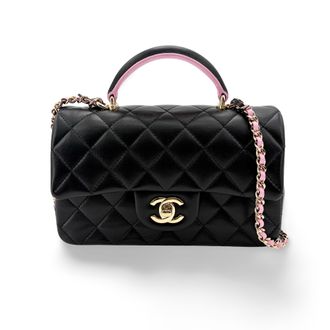 Chanel Classic Single Flap Top Handle Quilted Iridescent Lambskin Black Leather Handbag (Pre-Owned)