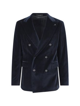 Tagliatore Dark Blue Double-Breasted Peak Lapel Velvet Blazer