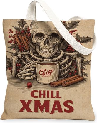 Generic Christmas Skeleton Canvas Tote Bags, Chill Design Reusable Bags, Lightweight Washable Shoulder Strap Canvas for Travel Beac, Beige, 13x15 Inch